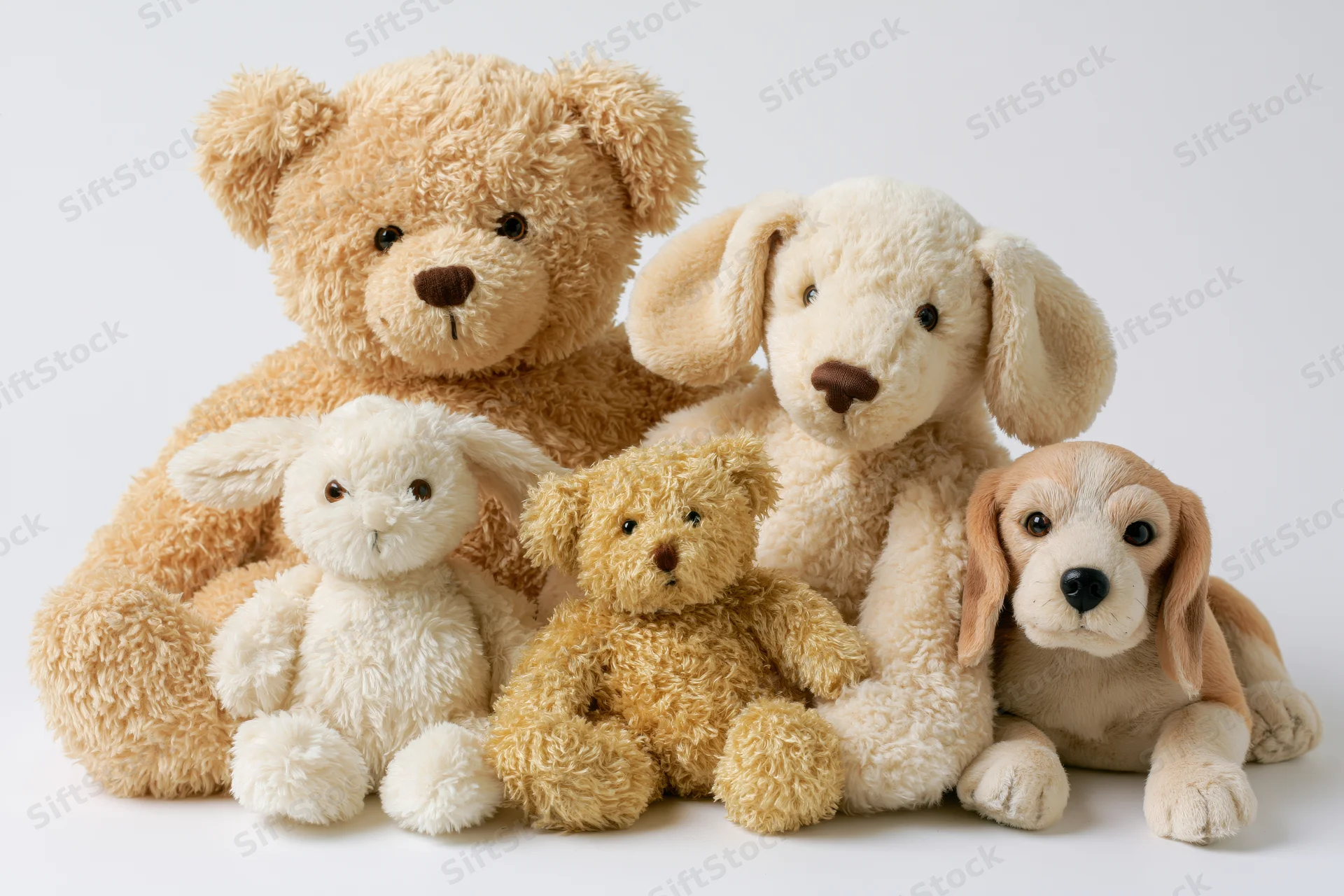 Group of plush stuffed animals including teddy bears, dogs, and a rabbit arranged together on white background