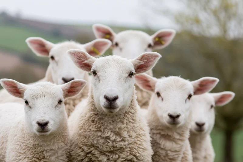 Five white sheep and lambs facing the camera in a grassy field