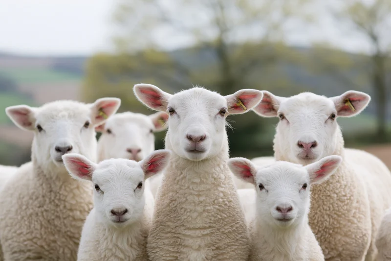 Five white sheep and lambs facing the camera in a grassy field
