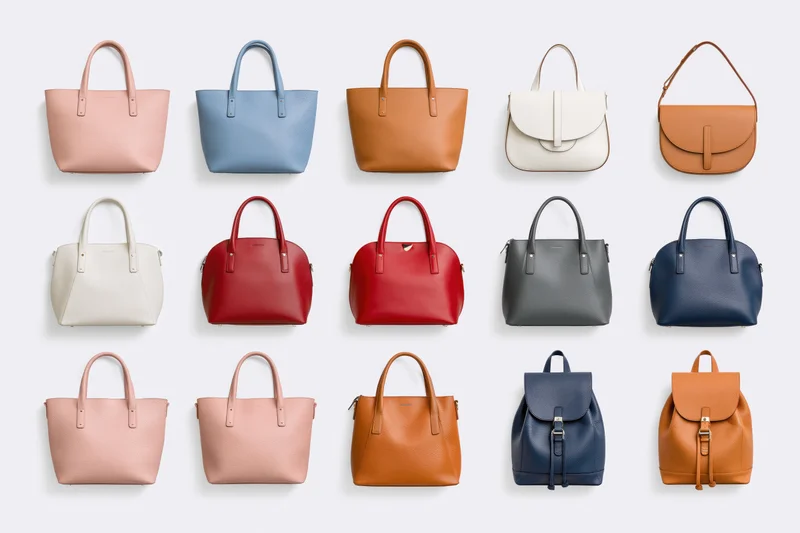 Fifteen leather handbags arranged in a grid on a white background