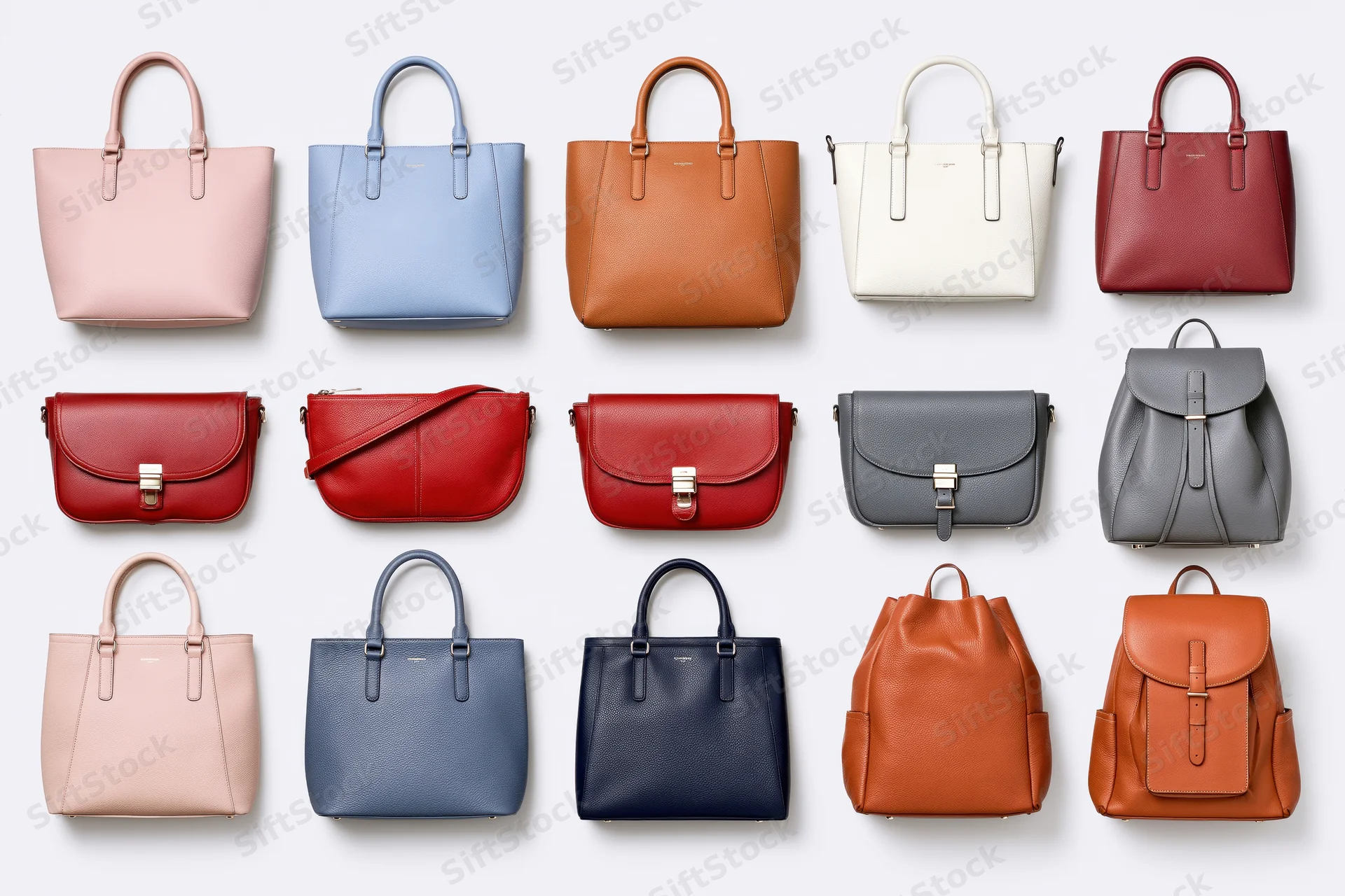 Fifteen women's leather handbags arranged in a grid on a white background