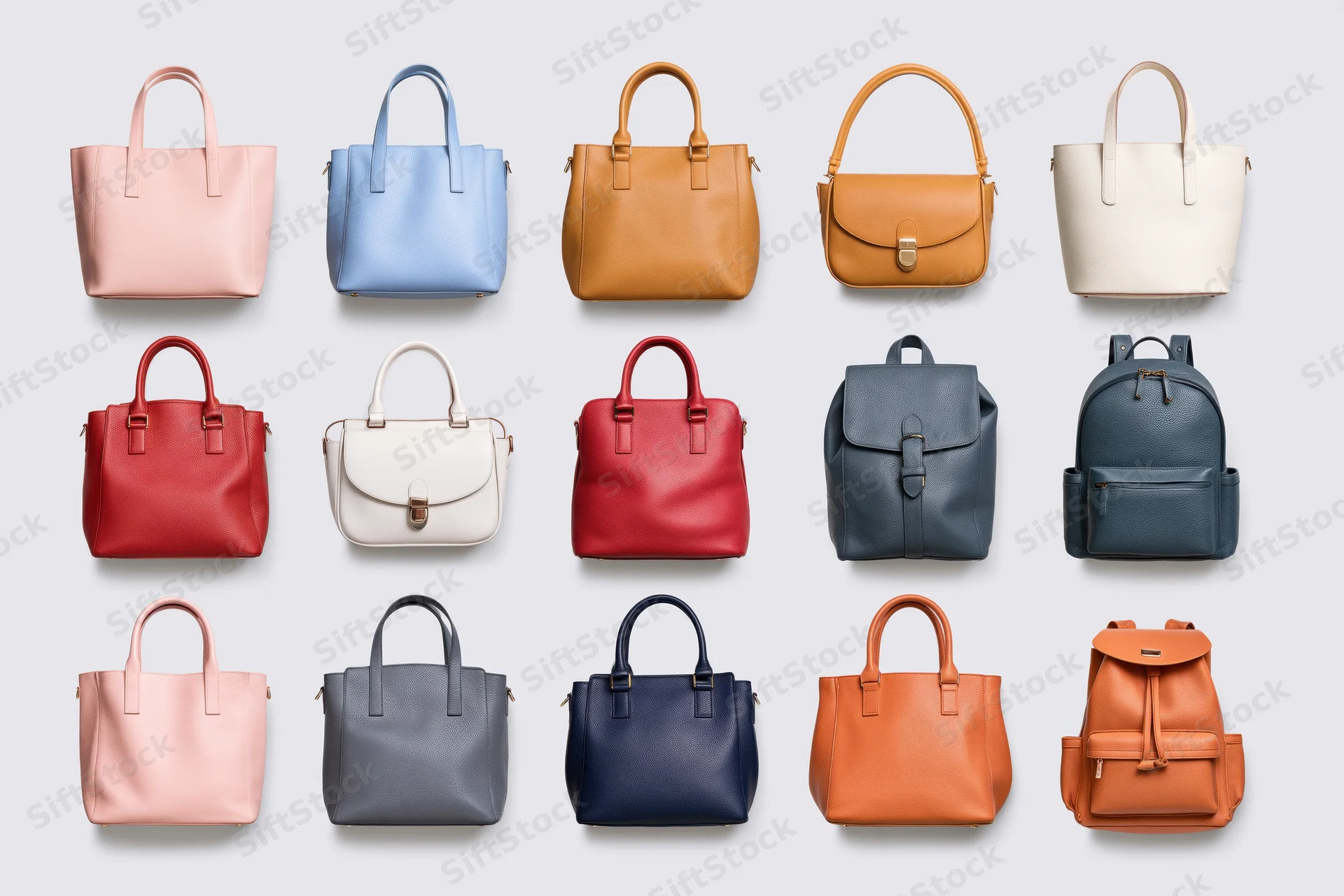 Fifteen leather handbags arranged in a grid on a white background