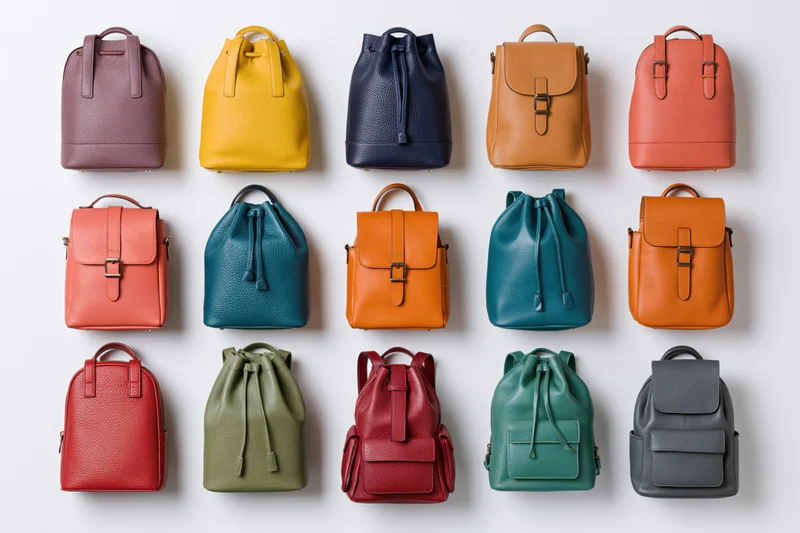 Fifteen colorful leather handbags arranged in a grid on a white surface