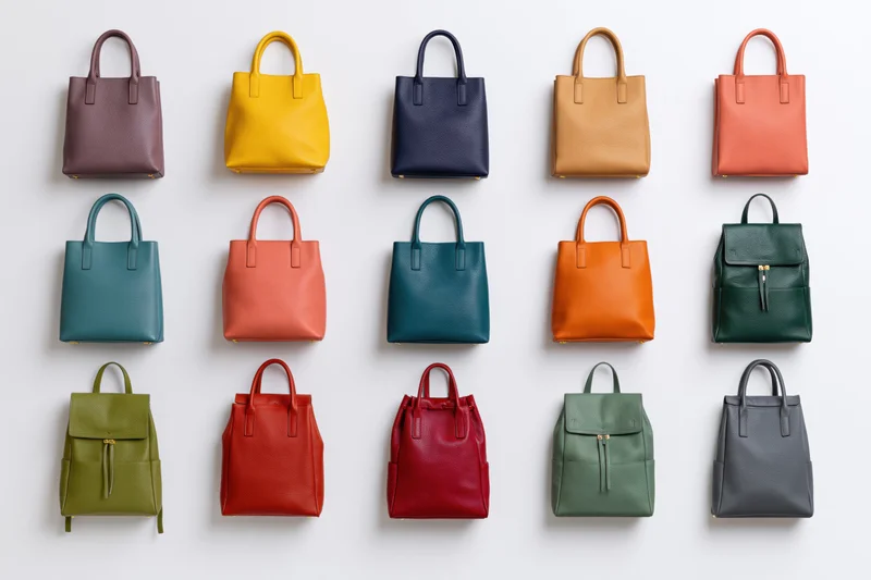 Fifteen women's leather handbags arranged in a grid on a white background