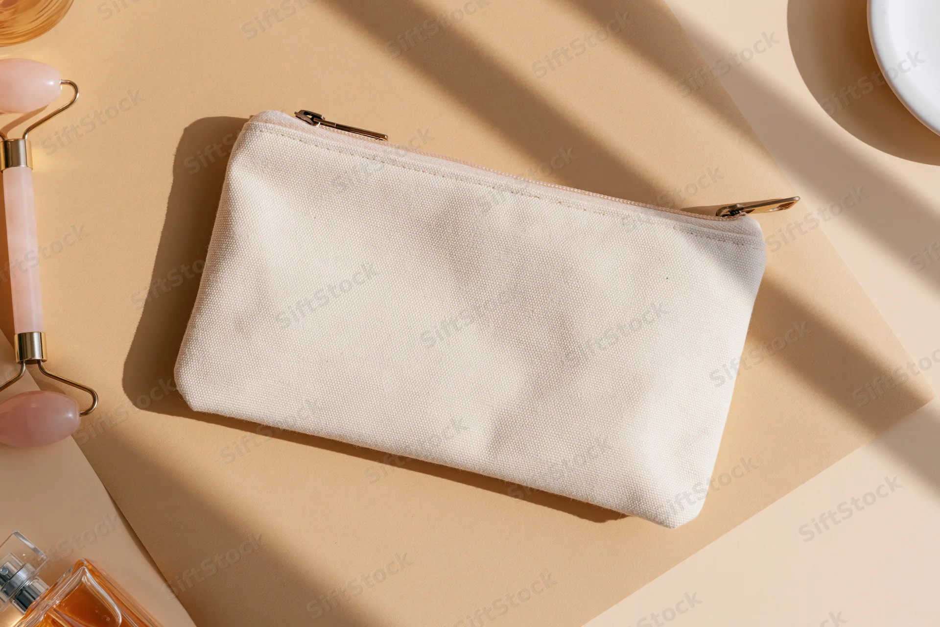 Cream canvas zip pouch centered on warm beige surface with beauty tools and perfume in flat lay