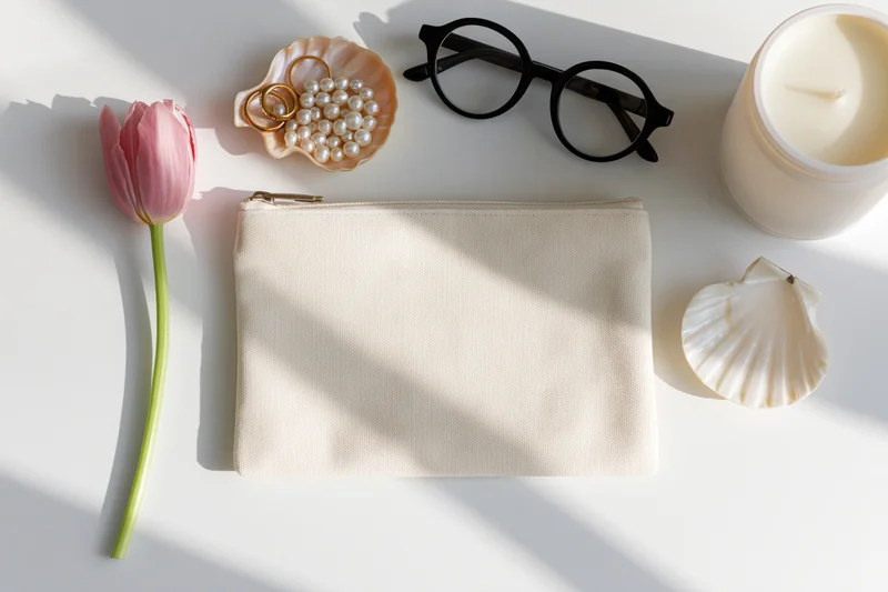 Cream canvas zip pouch centered on white surface with sunglasses, pink tulip, shells, pearls, and candle in flat lay arrangement
