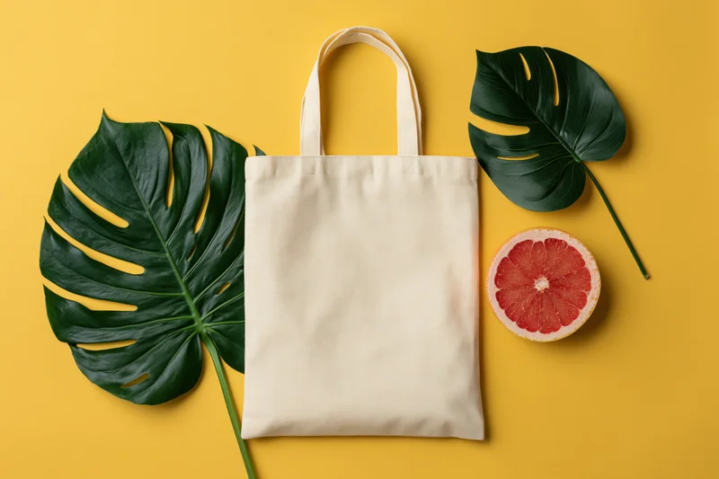 Plain canvas tote bag centered with monstera leaves and grapefruit slice on yellow background