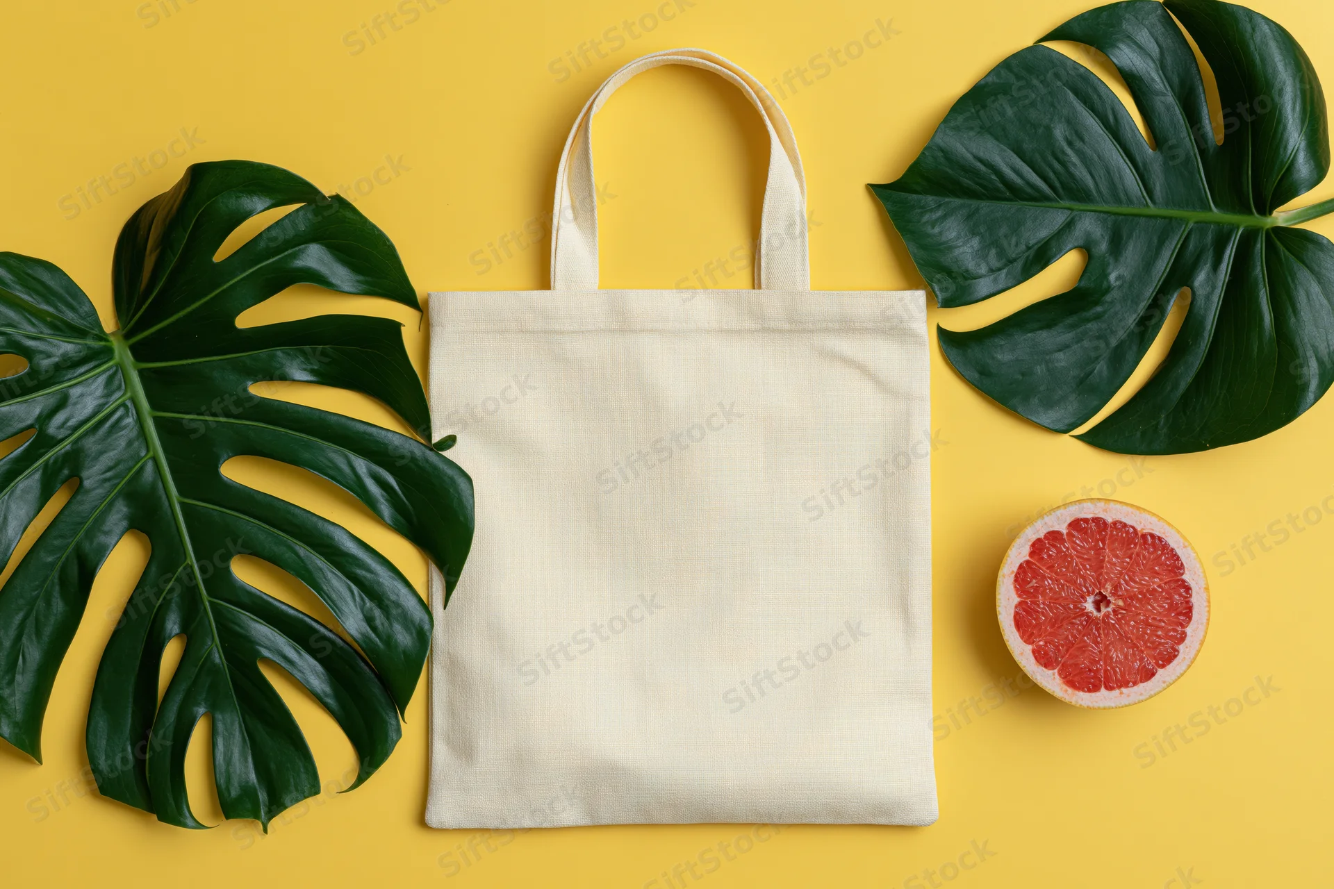 Plain off-white canvas tote bag centered on yellow background with monstera leaves and grapefruit slice arranged around it