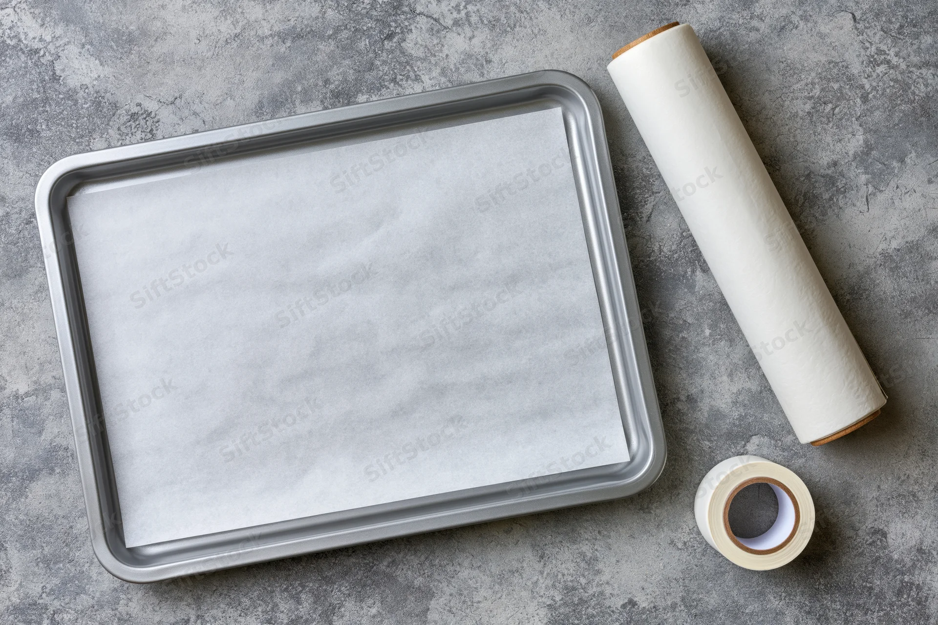 Rectangular metal baking tray lined with white parchment paper on gray countertop with roll and tape beside it