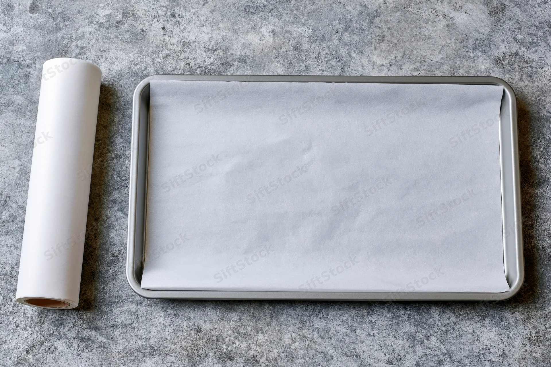 Rectangular metal baking tray lined with white parchment paper on gray stone surface