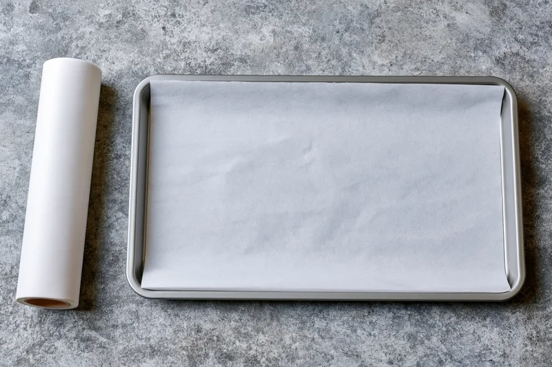 Rectangular metal baking tray lined with white parchment paper on gray stone surface