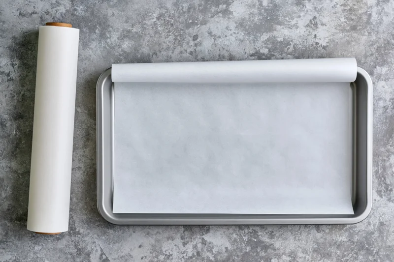 Rectangular metal baking tray lined with white parchment paper on gray countertop