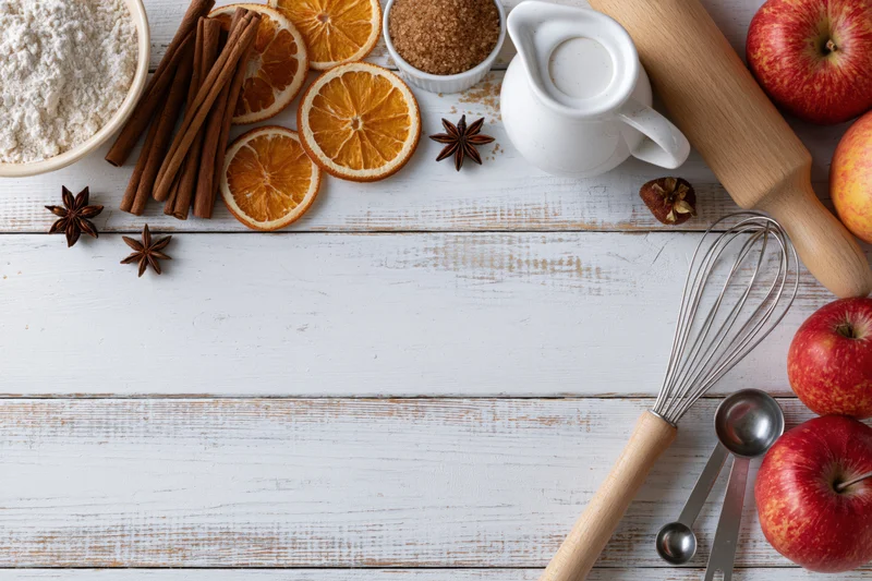 Autumn baking ingredients arranged as a border on a white wooden table with copyspace