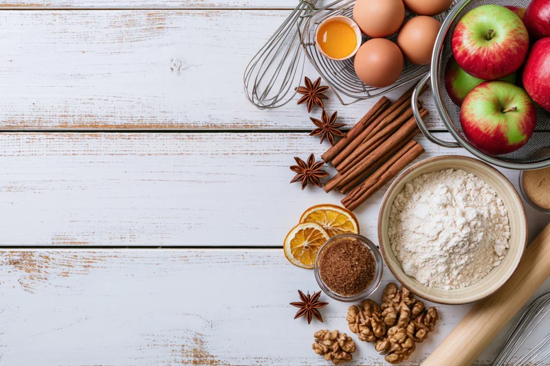 Autumn baking ingredients arranged on a white wooden tabletop with copyspace