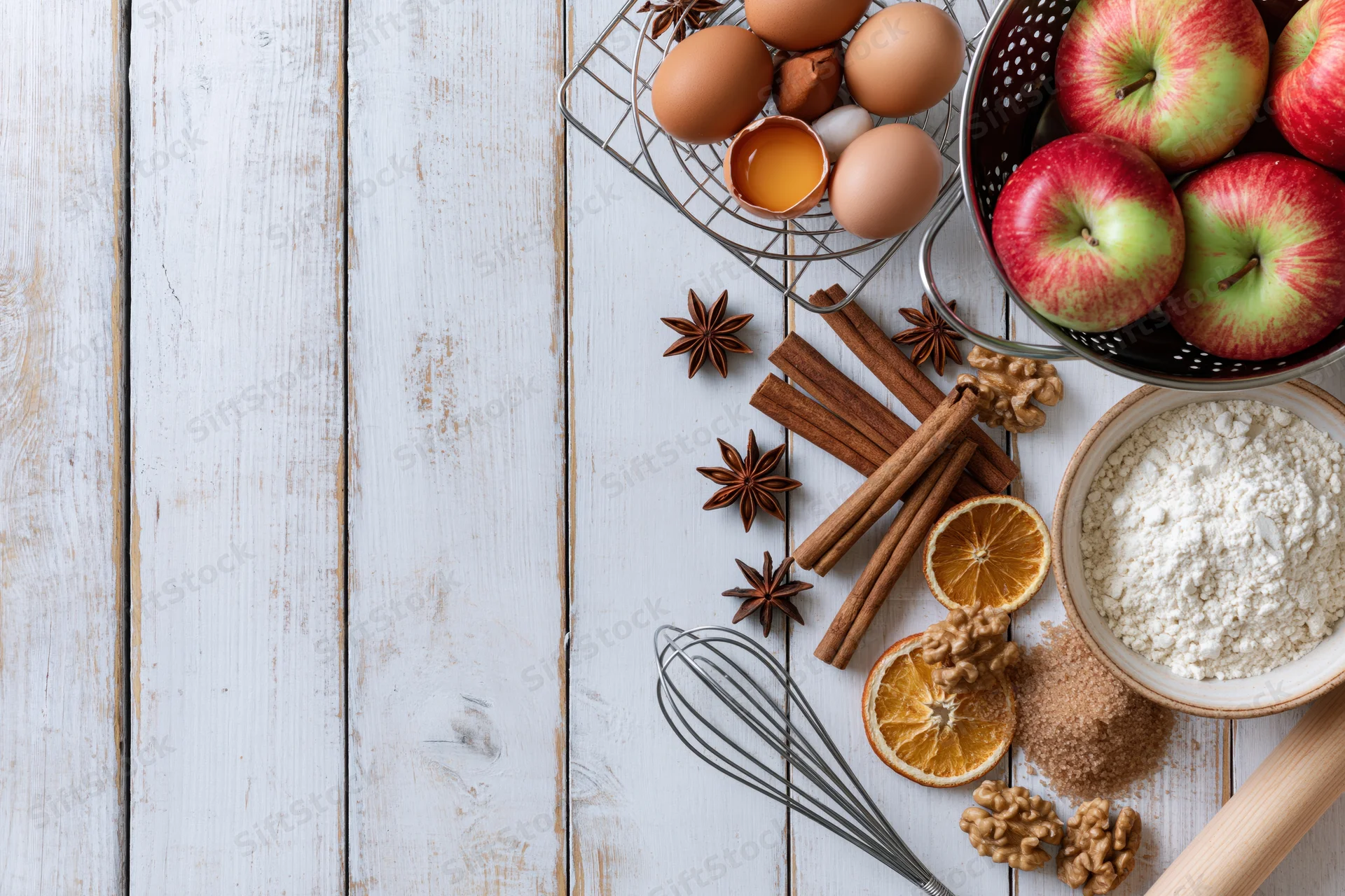 Autumn baking ingredients arranged on a white wooden table with copyspace on the left