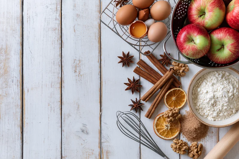 Autumn baking ingredients arranged on a white wooden table with copyspace on the left