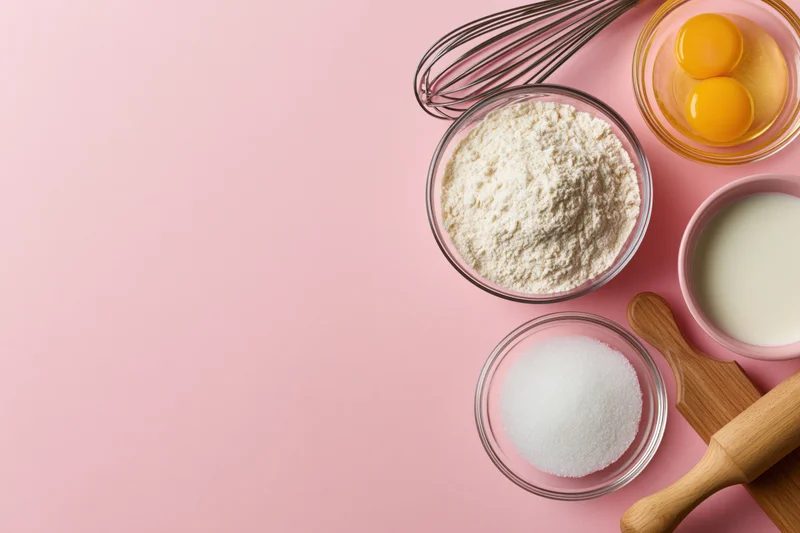Baking ingredients and tools arranged on pink surface in flat lay view