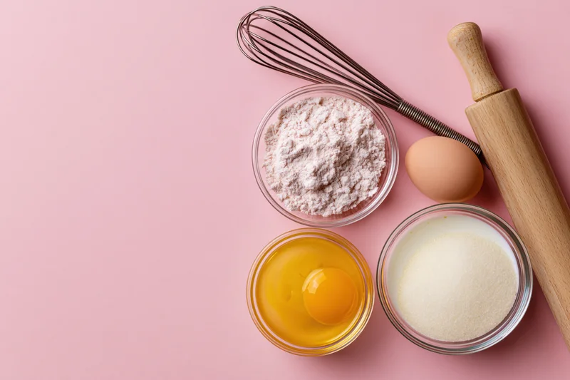 Baking ingredients and tools arranged on pink surface in flat lay style