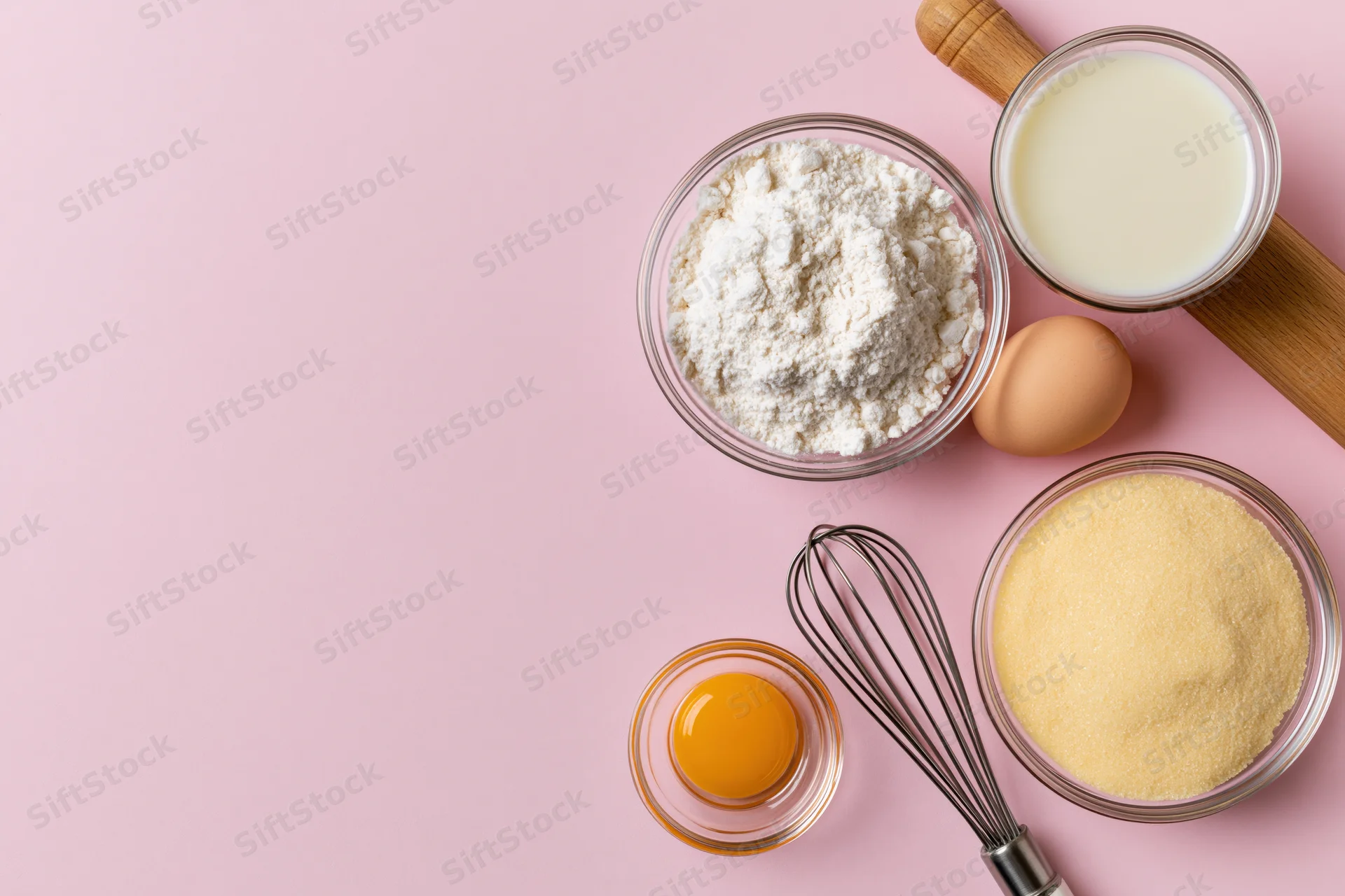 Baking ingredients and tools arranged on pink surface with copyspace