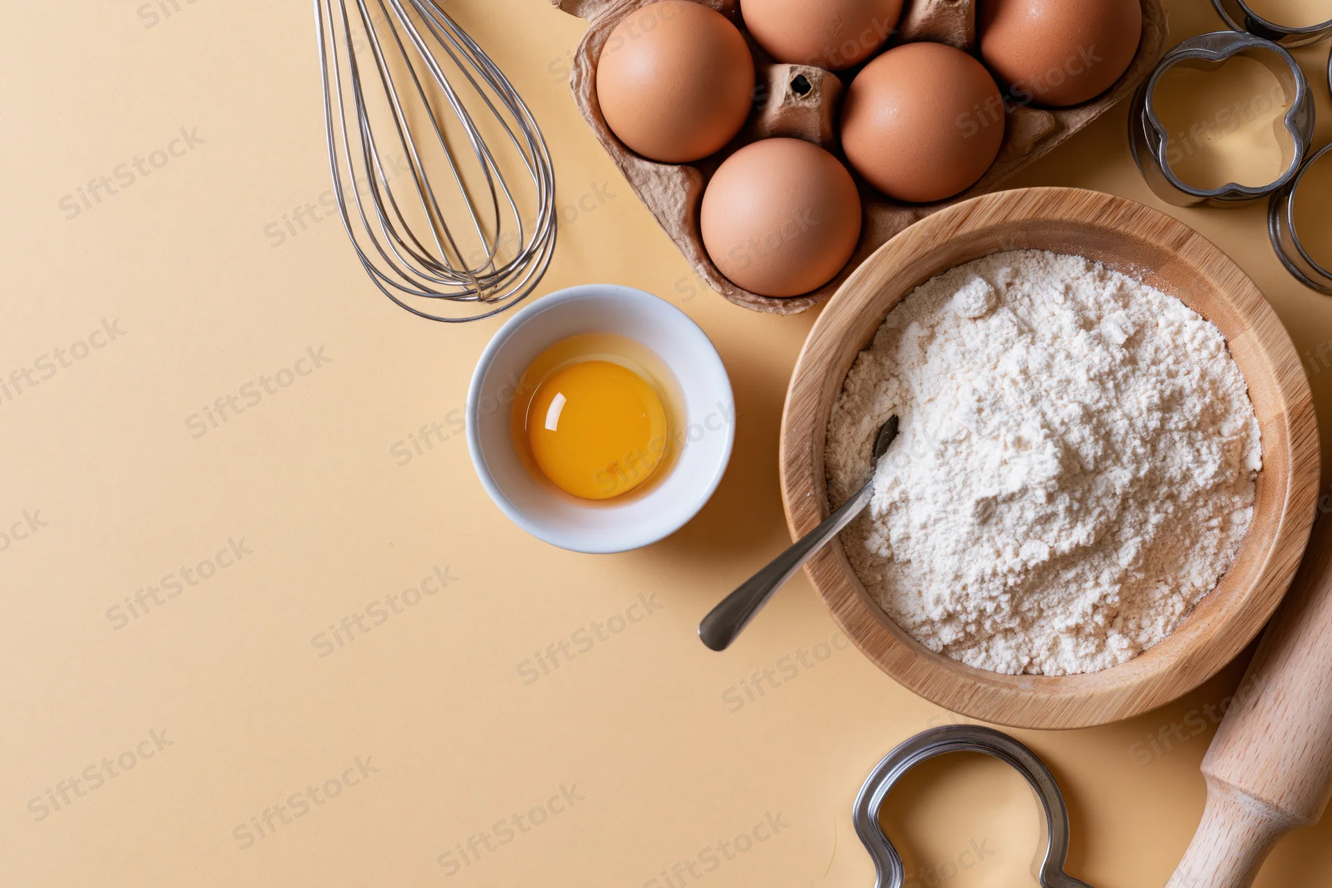Baking ingredients and tools arranged on a warm beige surface in flat lay view