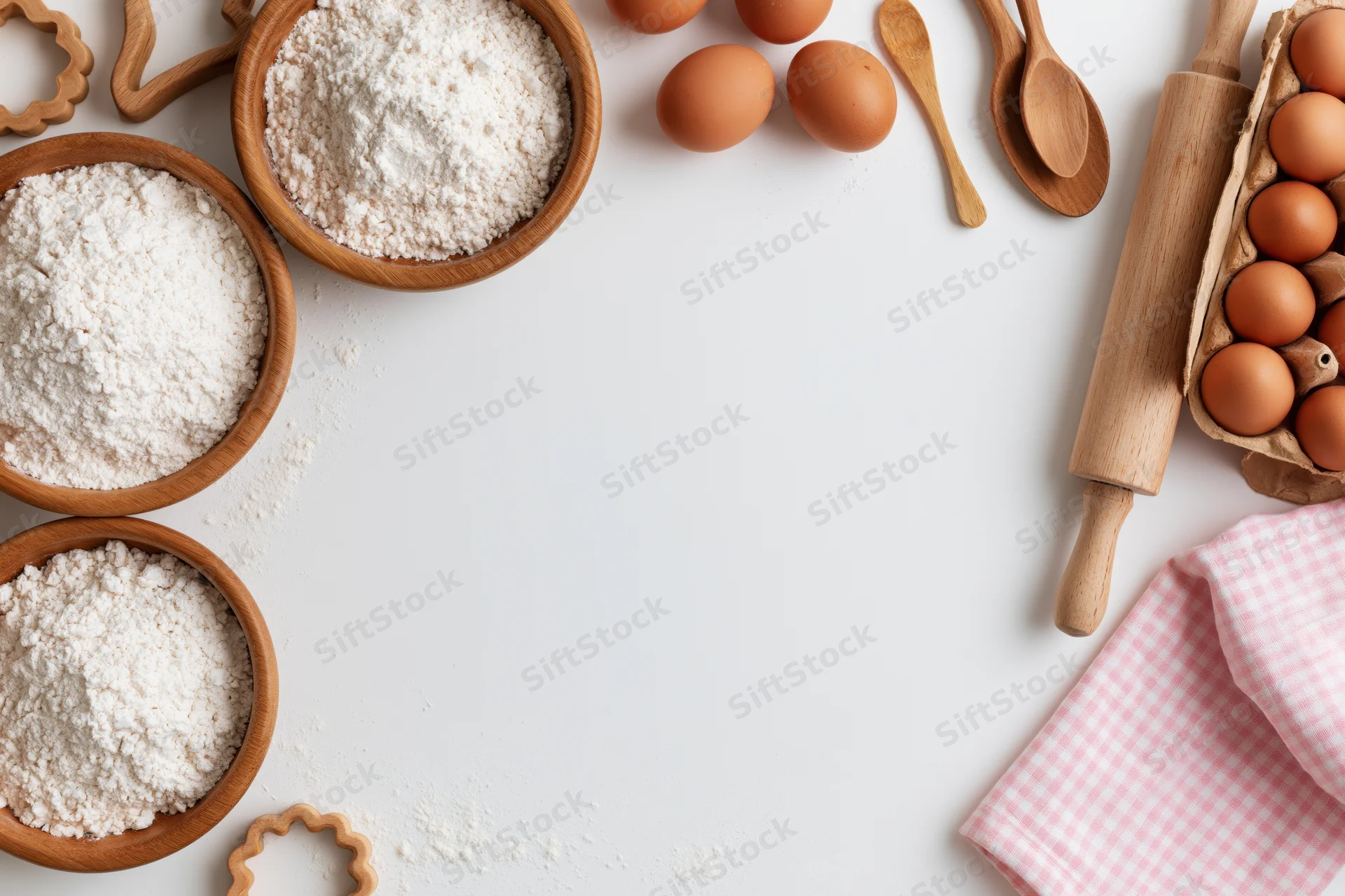 Baking ingredients arranged in a frame border on white surface with copyspace