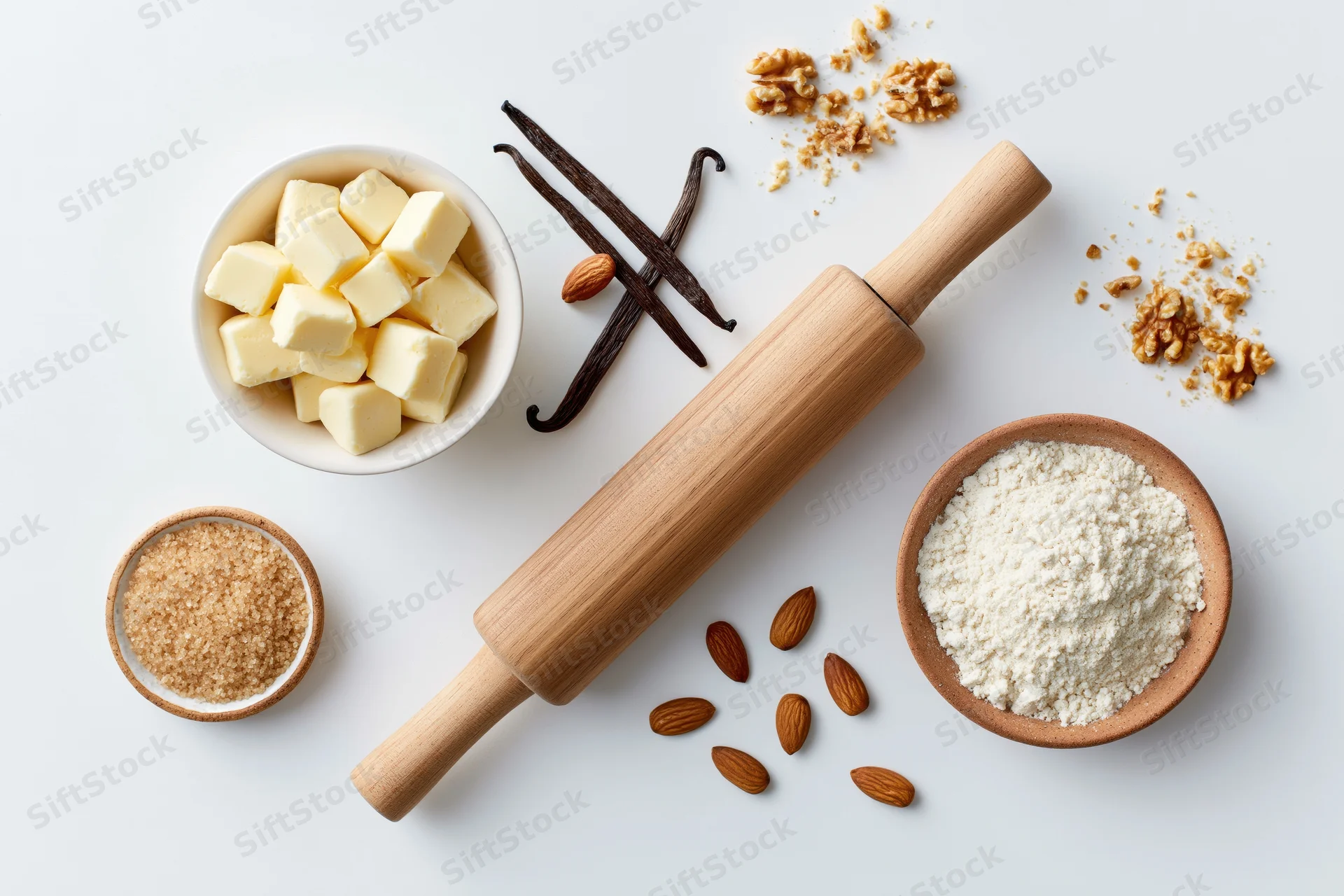 Baking ingredients arranged with rolling pin and bowls on white surface