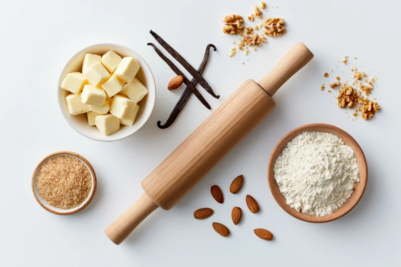 Baking ingredients arranged with rolling pin and bowls on white surface