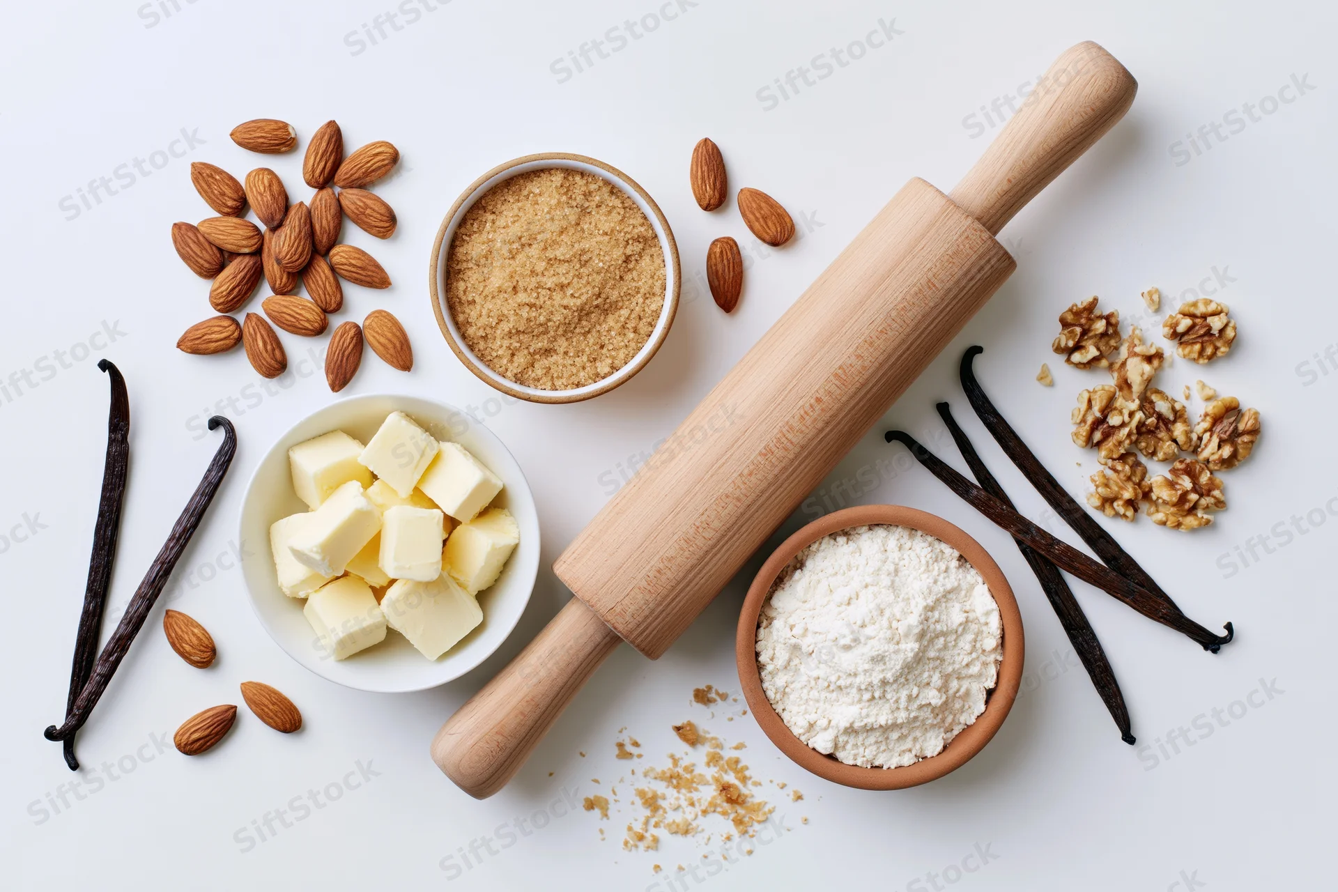 Baking ingredients arranged in flat lay on white surface with rolling pin and bowls
