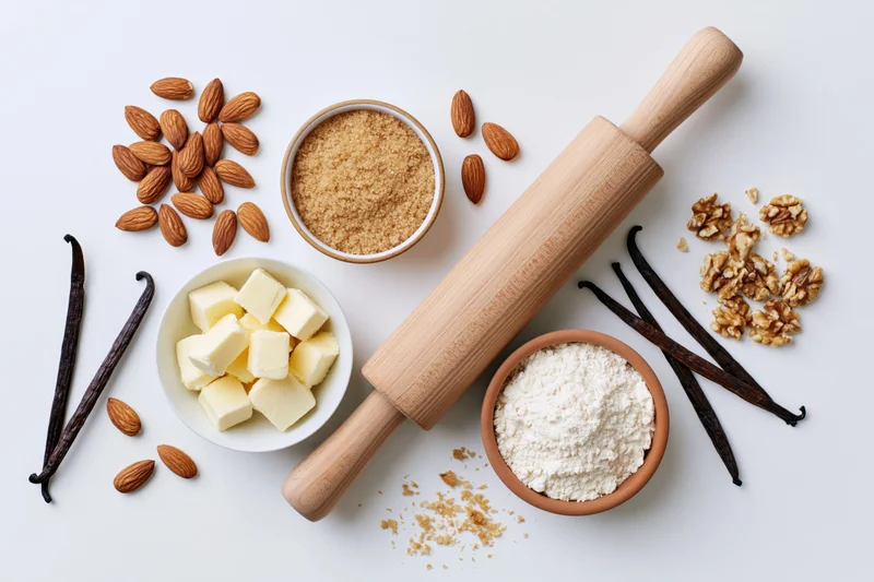 Baking ingredients arranged in flat lay on white surface with rolling pin and bowls