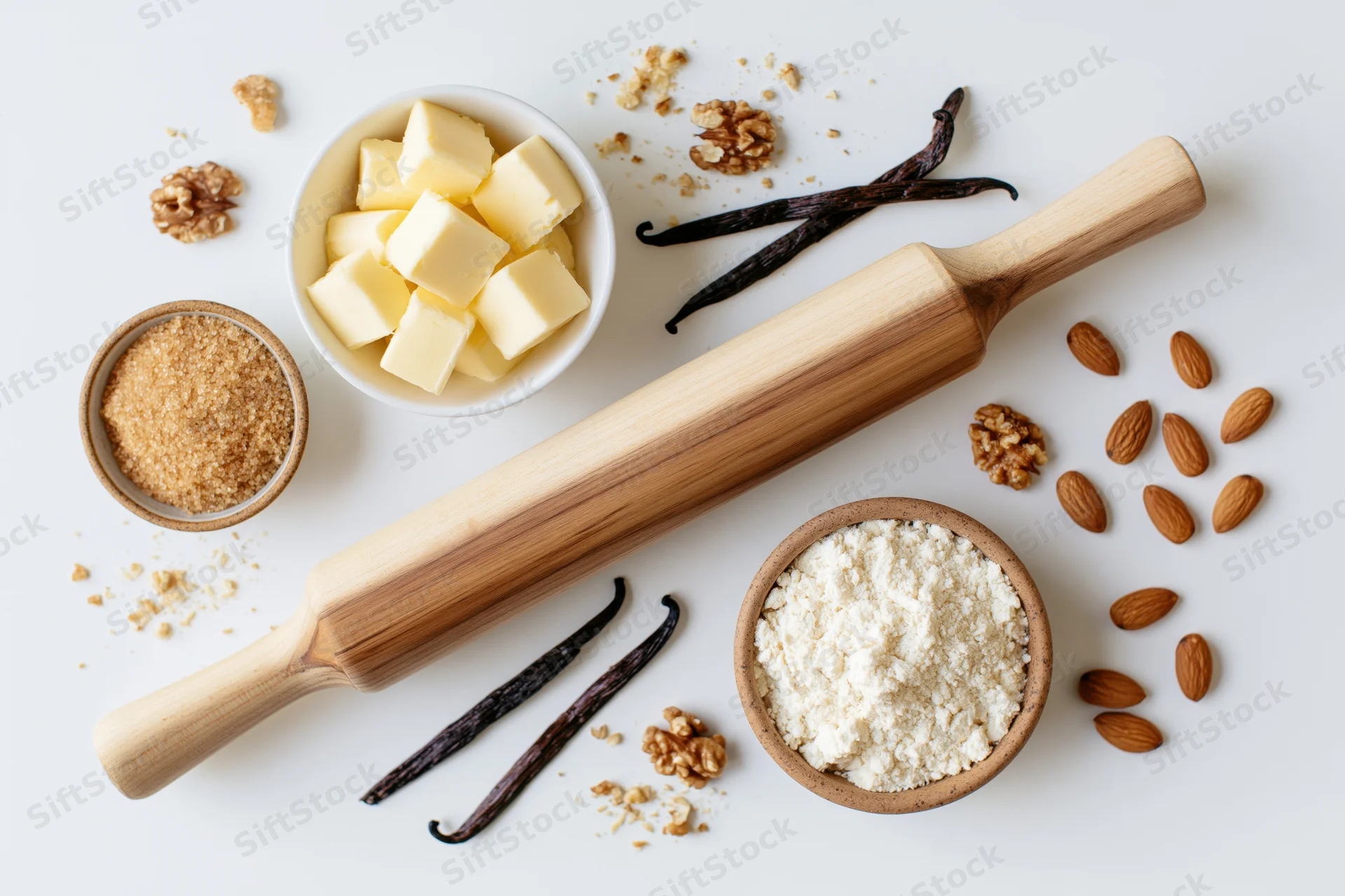 Baking ingredients arranged with rolling pin on white surface