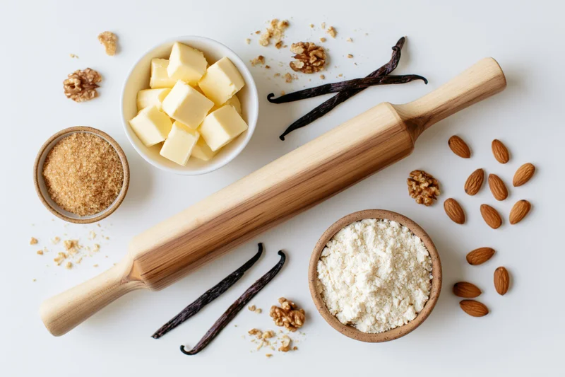 Baking ingredients arranged with rolling pin on white surface