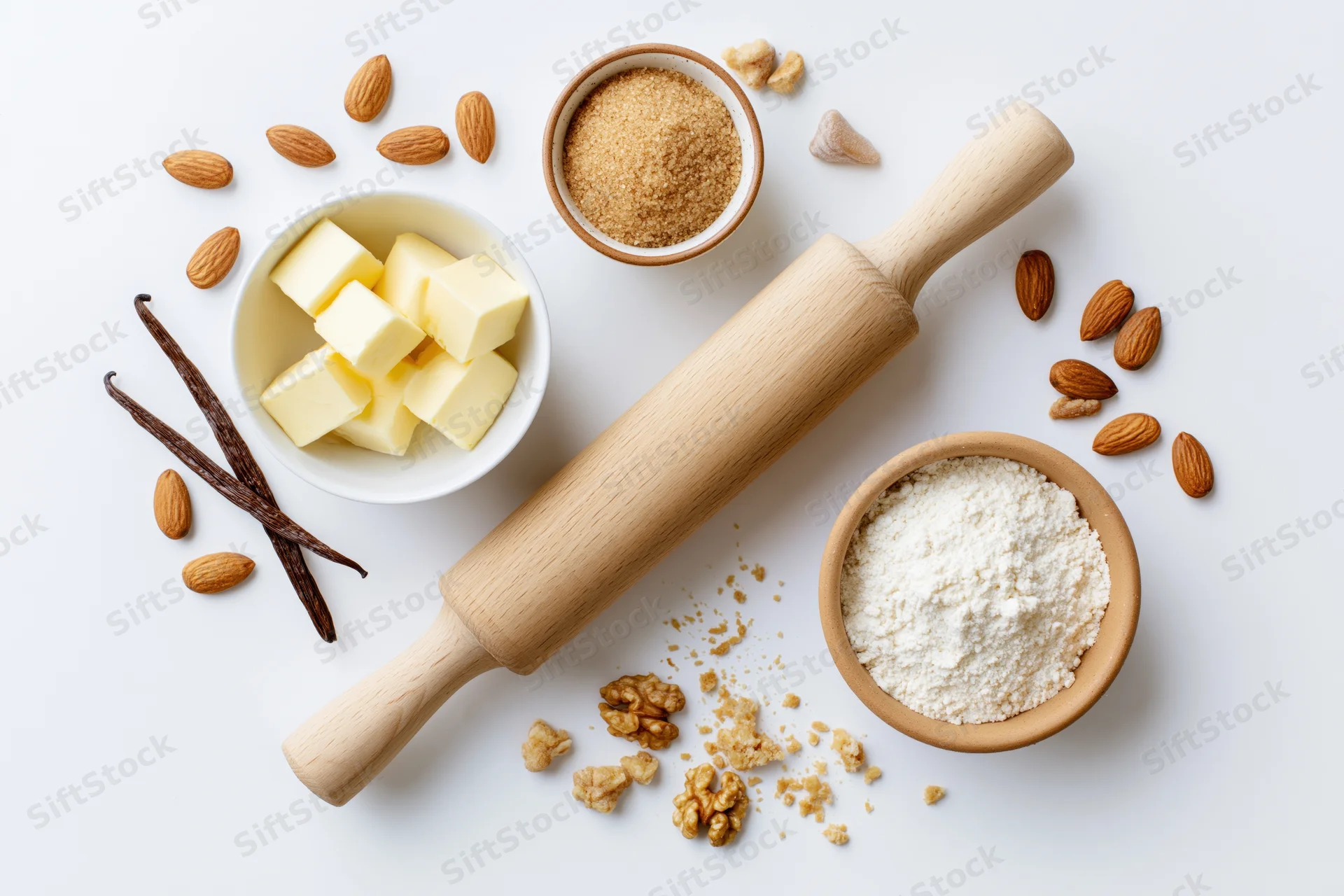 Baking ingredients arranged in flat lay on white surface with wooden rolling pin and bowls of flour, butter, sugar, almonds, and vanilla beans