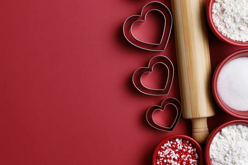 Heart-shaped cookie cutters arranged with baking ingredients on red surface