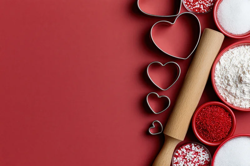 Heart-shaped cookie cutters arranged with baking ingredients on red surface