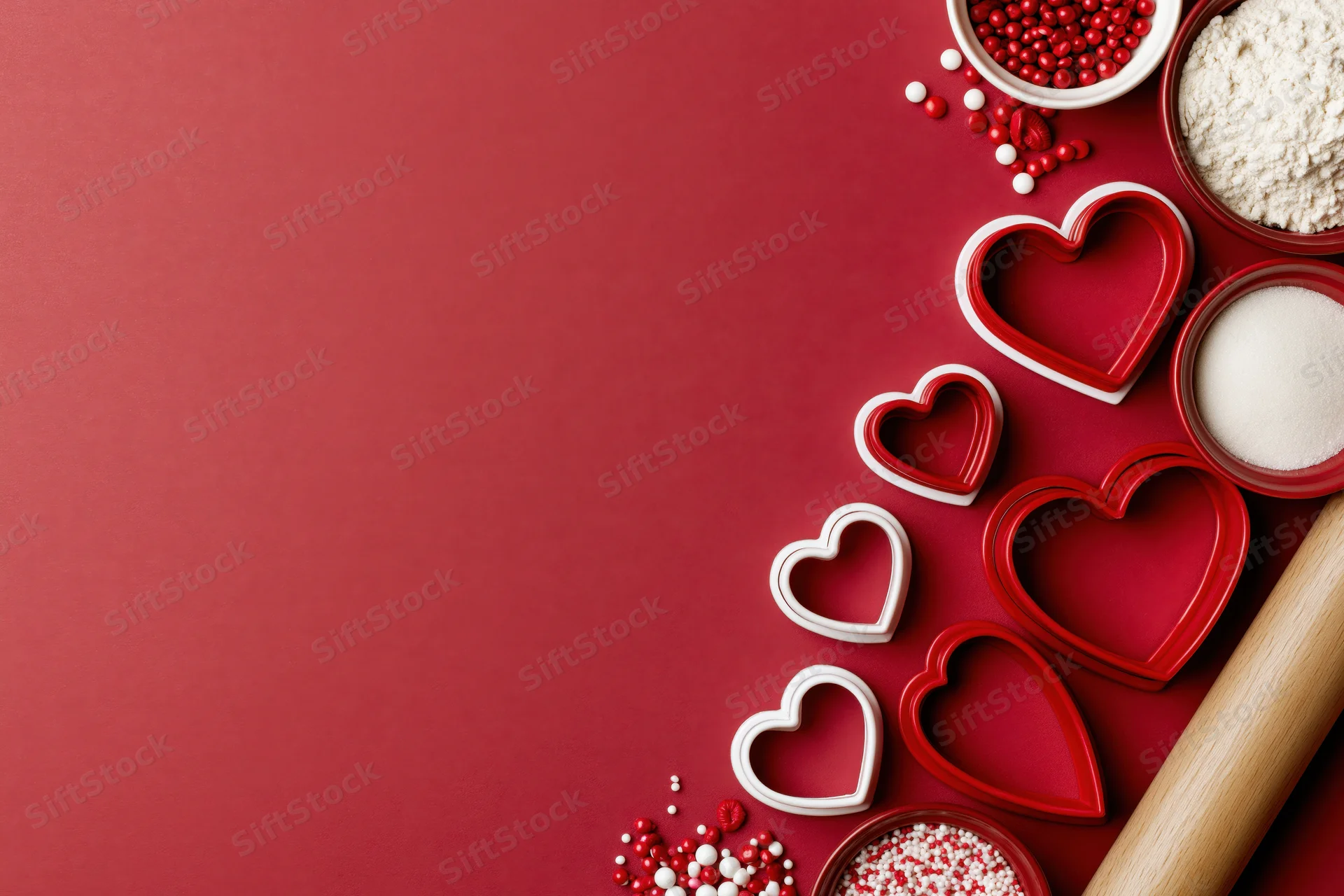 Heart-shaped cookie cutters arranged with baking ingredients on red surface