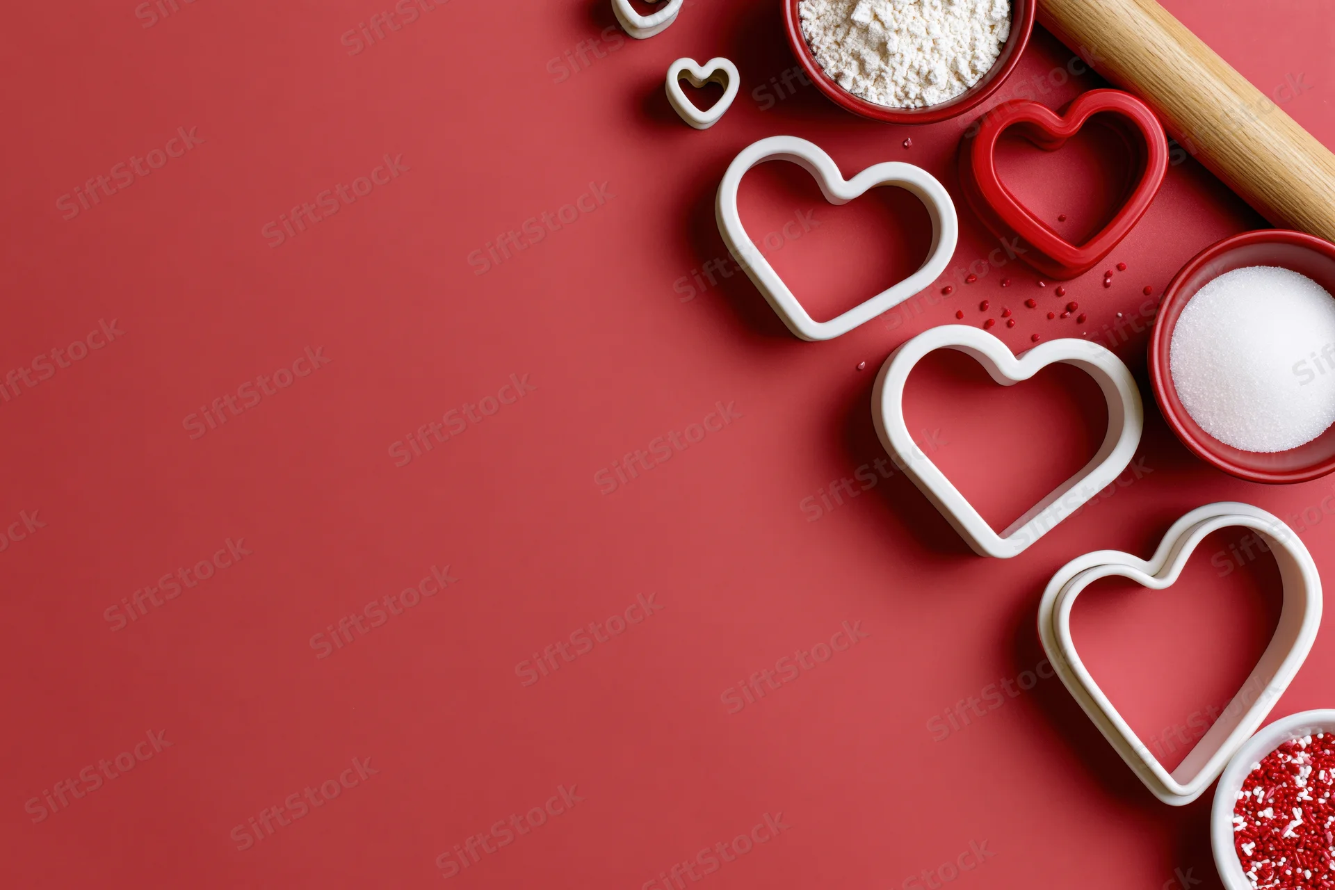 Heart-shaped cookie cutters arranged with baking ingredients on red surface