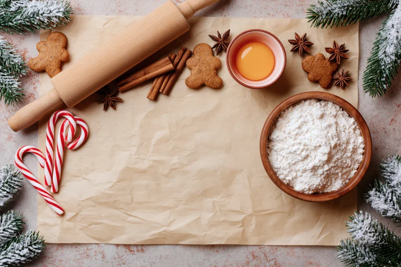Holiday baking ingredients arranged on parchment paper with gingerbread cookies, flour, egg, cinnamon, candy canes and pine branches around a central copyspace