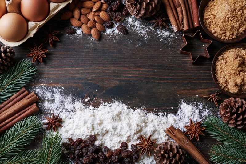 Holiday baking ingredients arranged in a border on a dark wooden table with copyspace in center