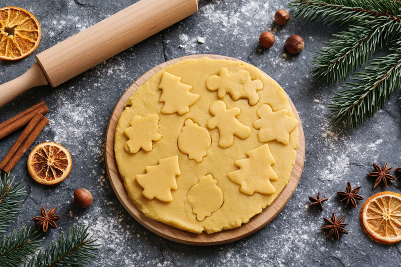Rolled gingerbread dough with cut-out shapes on a wooden board surrounded by spices and evergreen branches