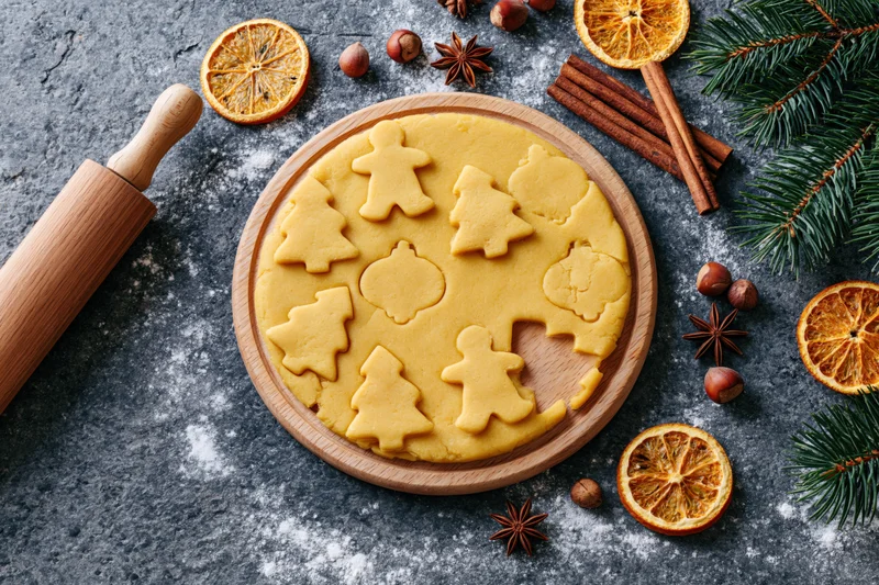 Rolled gingerbread dough with cut-out shapes on a wooden tray surrounded by spices and holiday decor