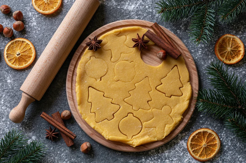 Gingerbread dough cut into holiday shapes on a wooden board with spices and dried oranges around