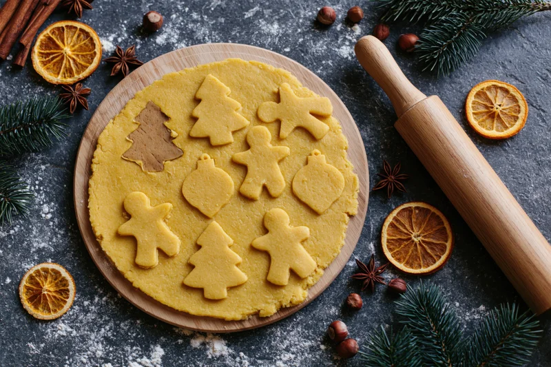 Rolled gingerbread dough with cut-out shapes on wooden board surrounded by spices and evergreen sprigs