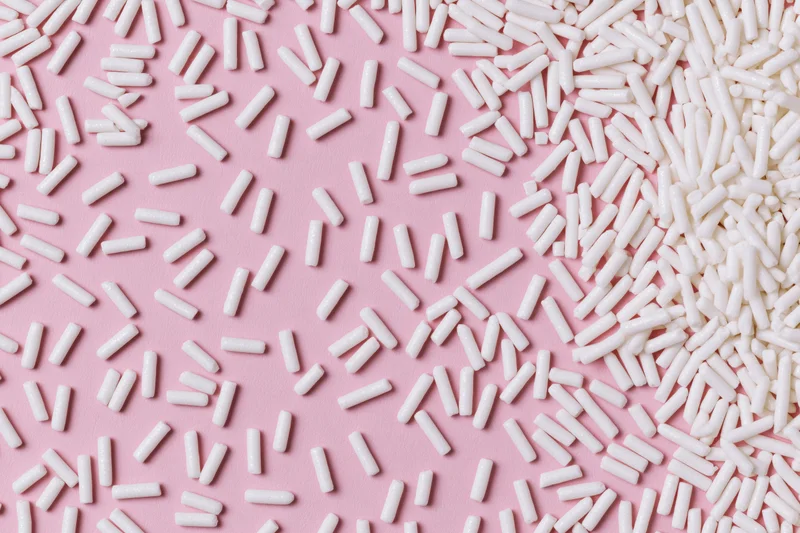 White sugar sprinkles scattered across a pink surface in a flat lay composition
