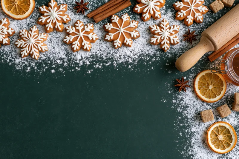 Snowflake-shaped gingerbread cookies with cinnamon and dried orange on dark surface, dusted with powdered sugar, flat lay arrangement with copyspace