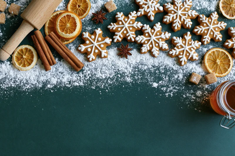 Snowflake-shaped gingerbread cookies with cinnamon sticks, dried oranges, and powdered sugar on a dark green surface, arranged in a flat lay with copyspace below