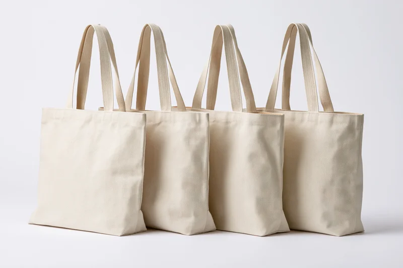 Four blank canvas tote bags arranged in a row on a white background
