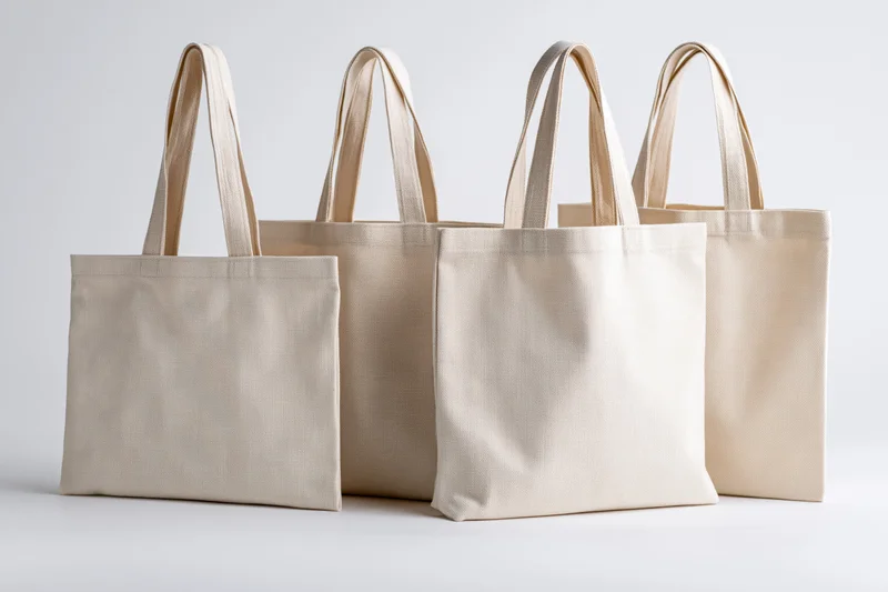 Four blank canvas tote bags arranged in a row on a white surface