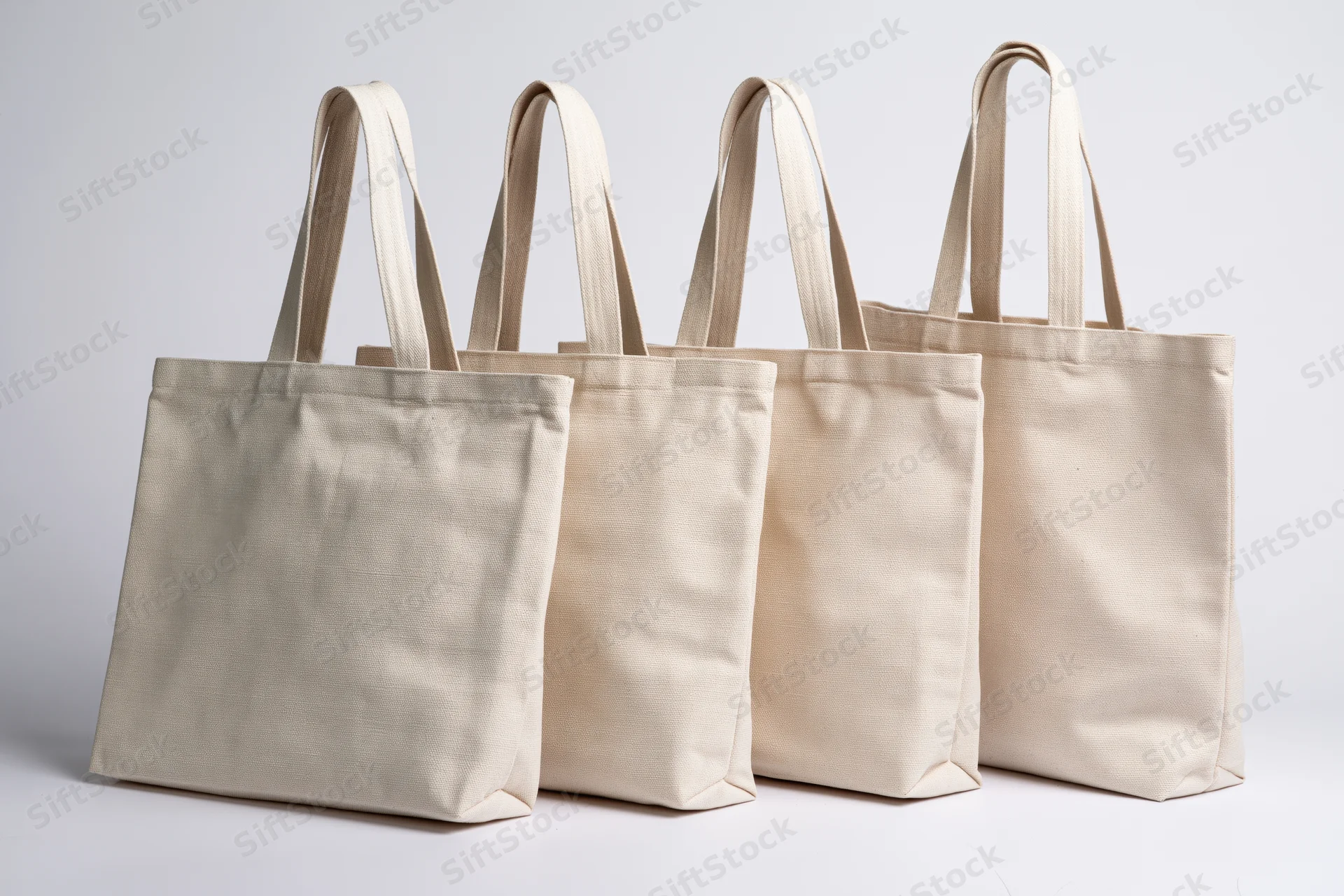 Four blank canvas tote bags arranged in a row on a white surface