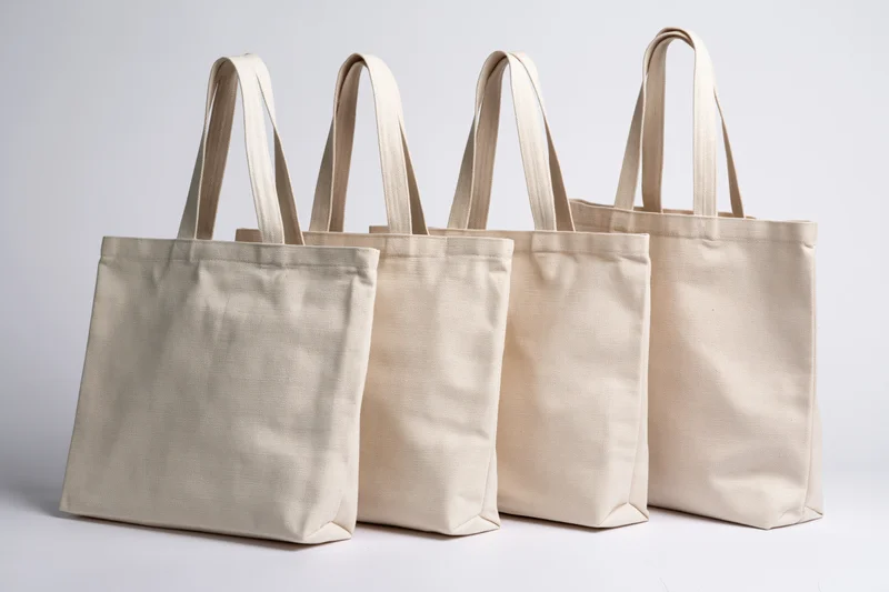 Four blank canvas tote bags arranged in a row on a white surface