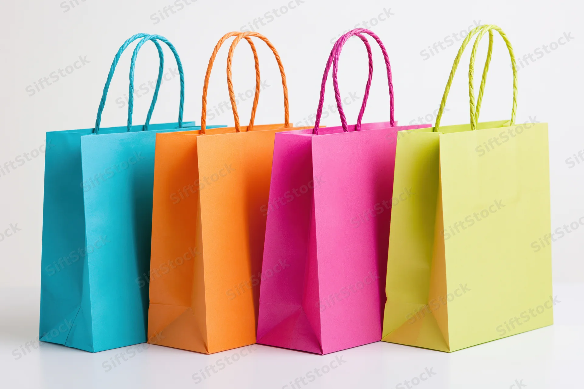 Four colorful paper shopping bags arranged in a row on a white surface